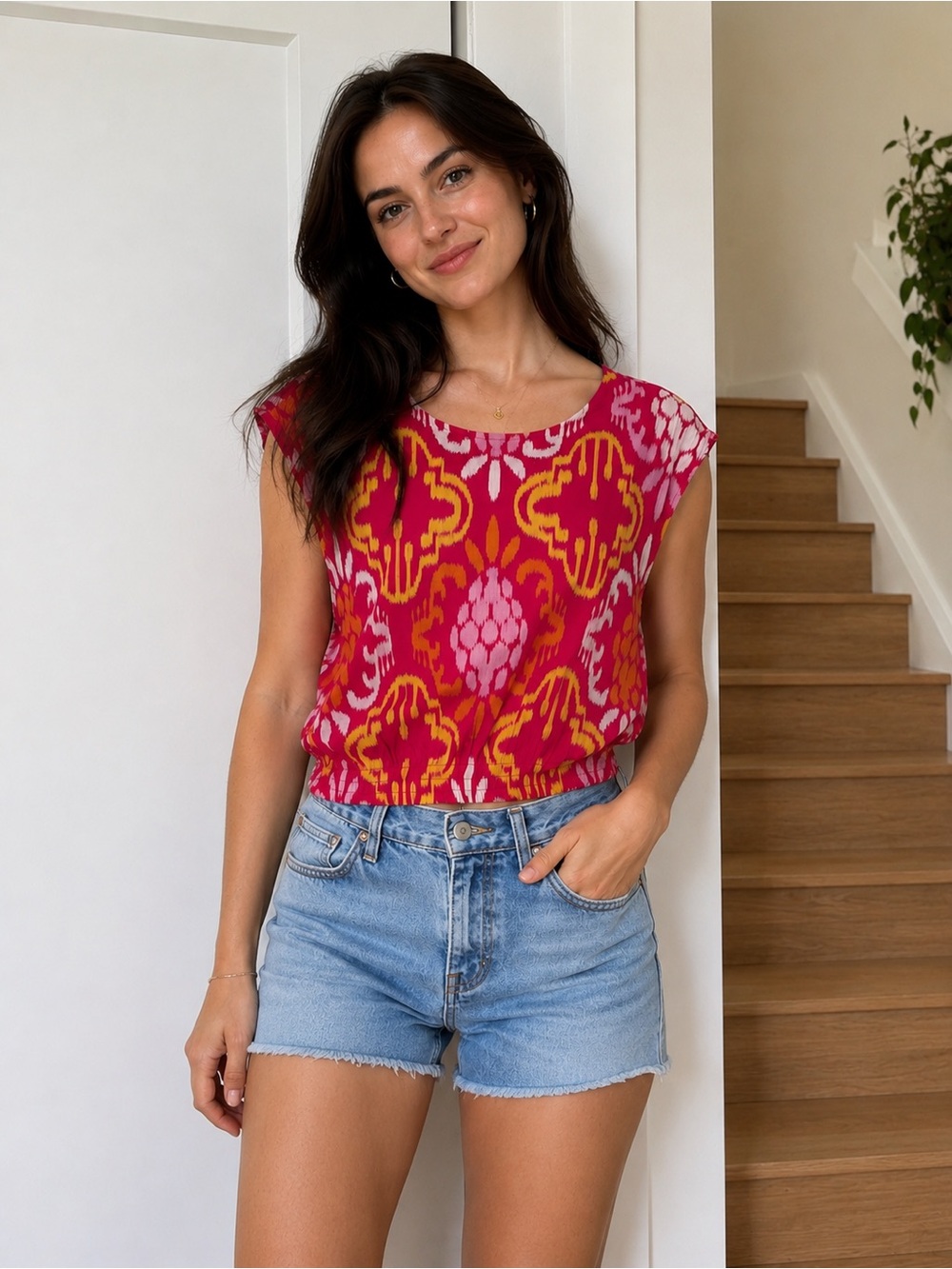 Sheridan French Pink Multicolored Ikat Gardenia Blouse Top
